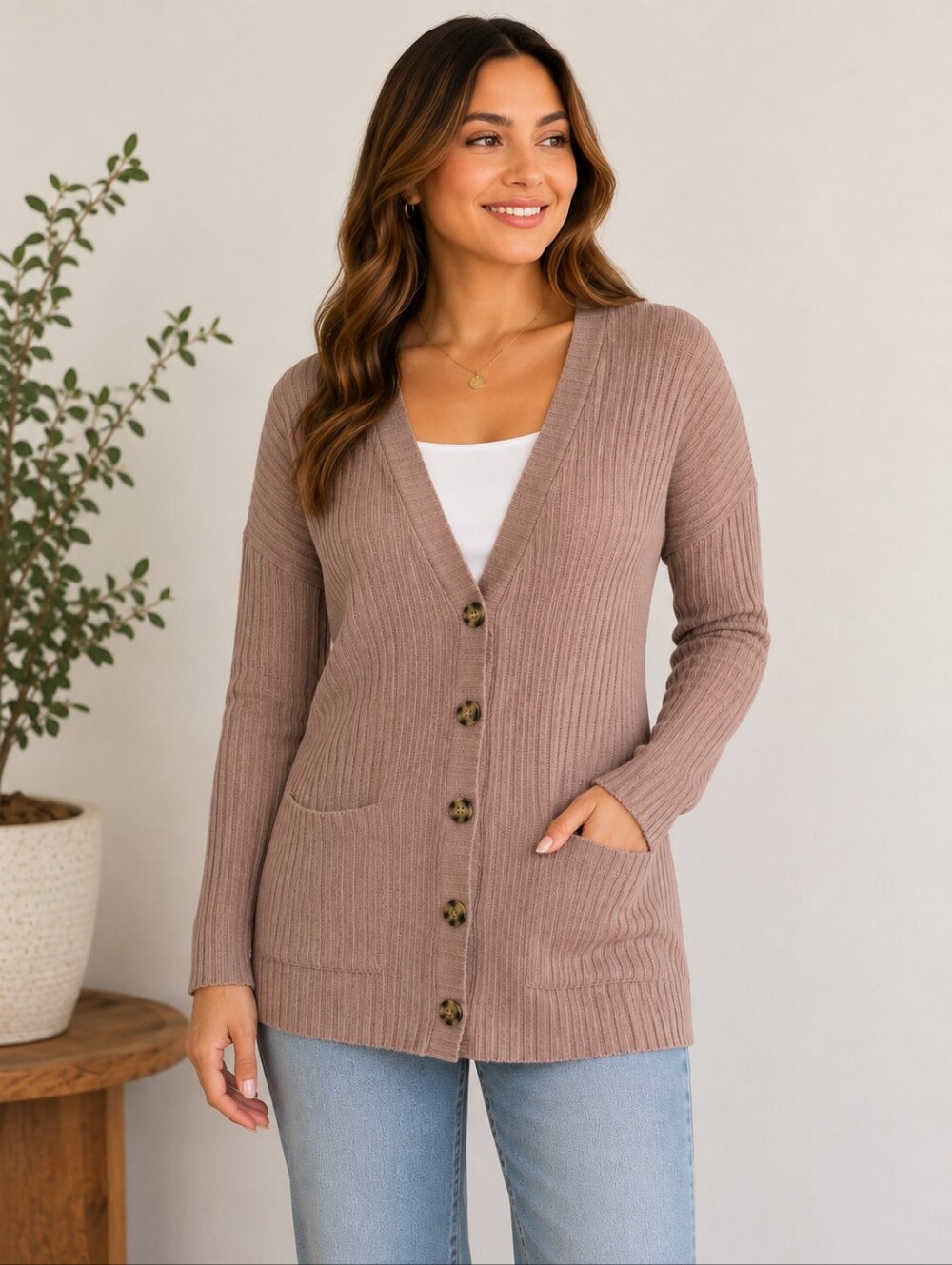 PerSeption Concept Ribbed Button Front Cardigan XL Mauve Taupe